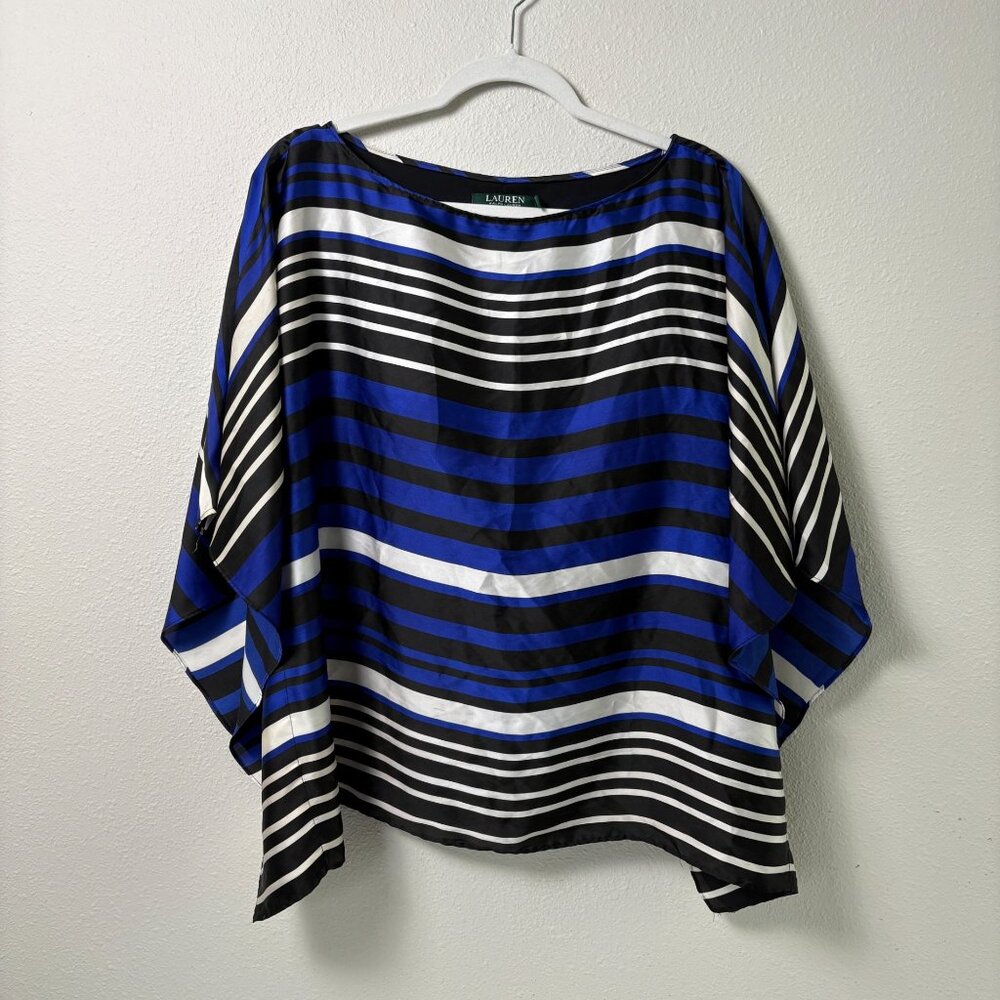 Lauren Ralph Lauren Kimono Top Size L Blue Black Striped‎ Satin Lined Pullover